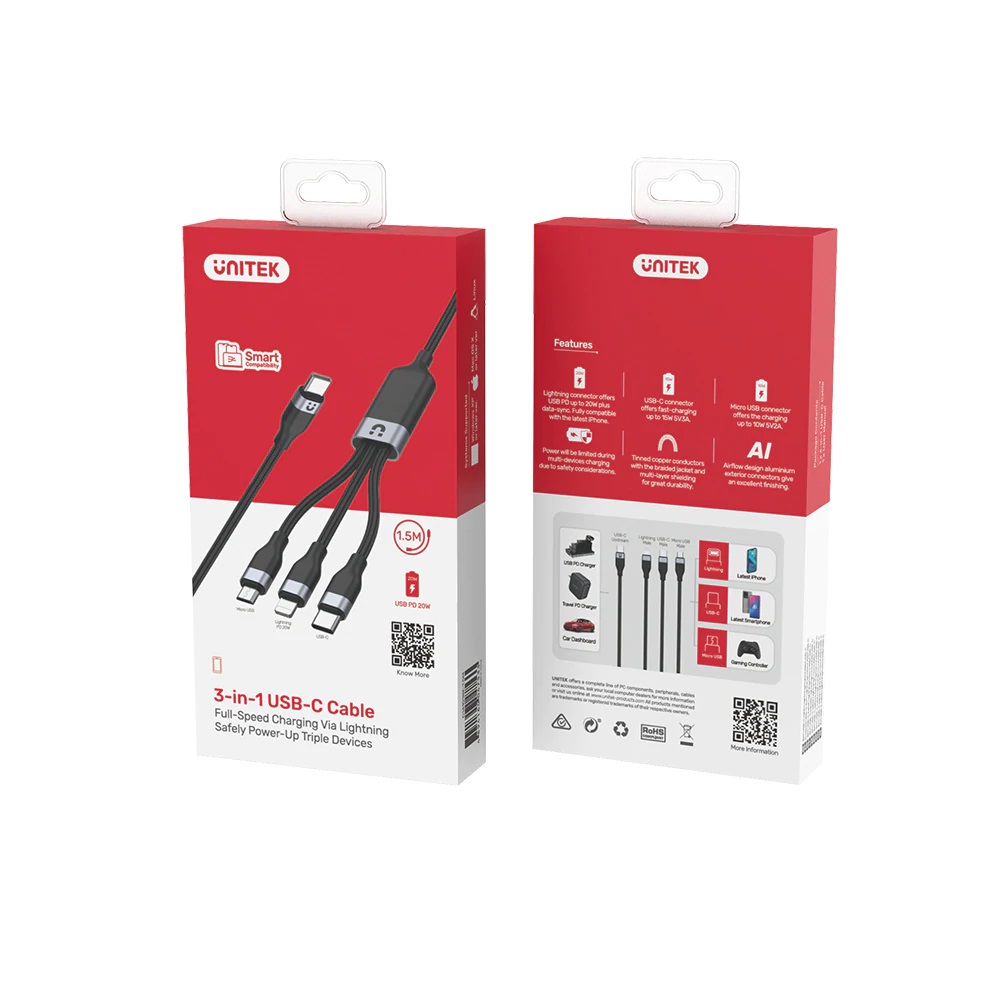 Unitek MC 3in1 Braided USB-C/Lightning/Micro C14101BK-1.5M